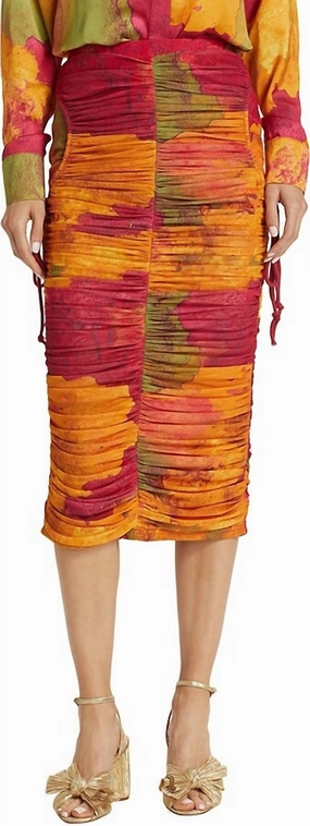 Faux Leather Fresh Aesthetic Taka Mesh Midi Skirt In Red-Yellow