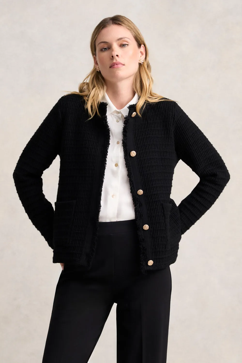 Tweed Knit Jacket - Black Hooded Comfort Fit