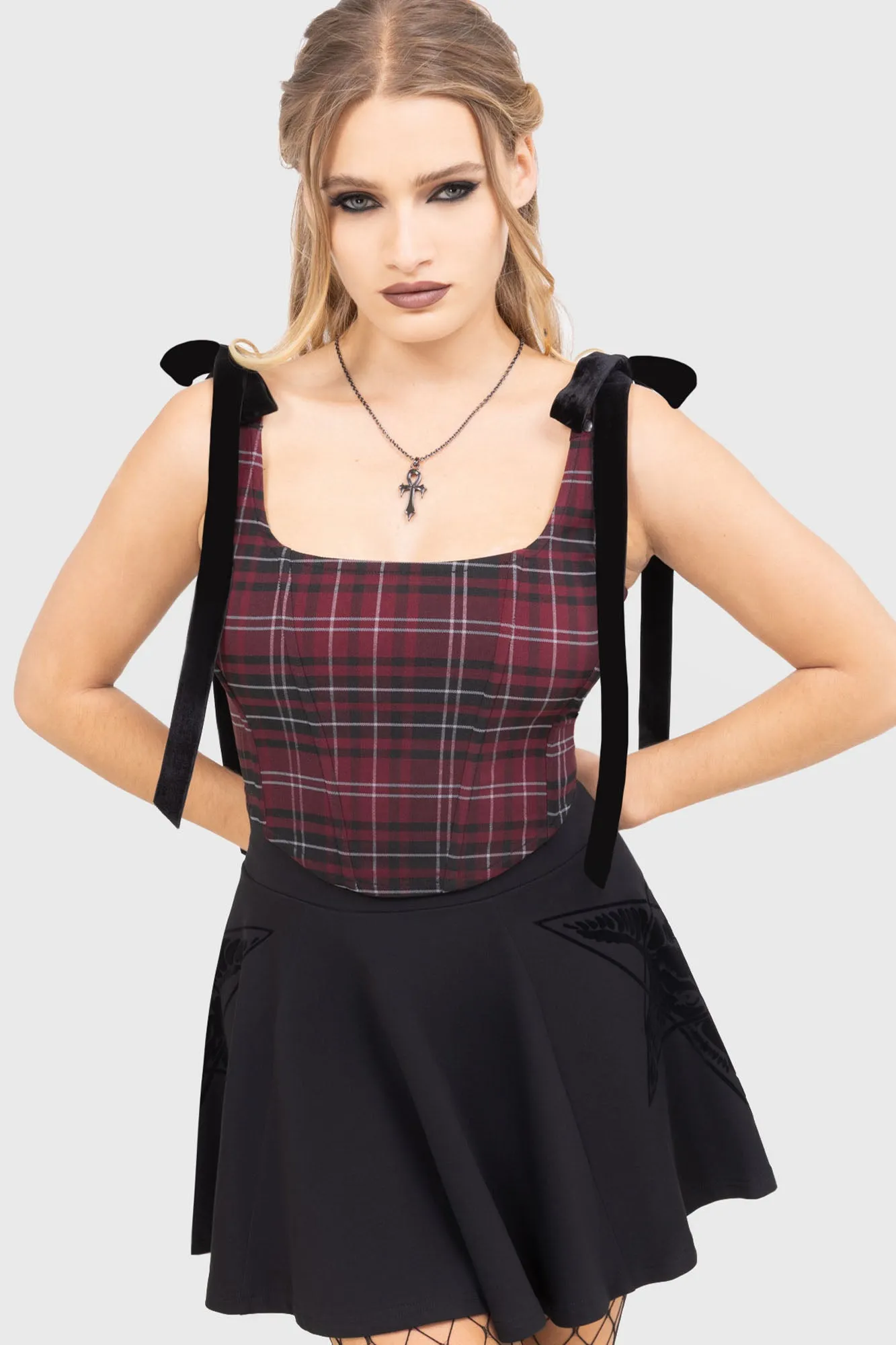 Tartan Flora Corset Top [BURGUNDY] Layered Ply Construction