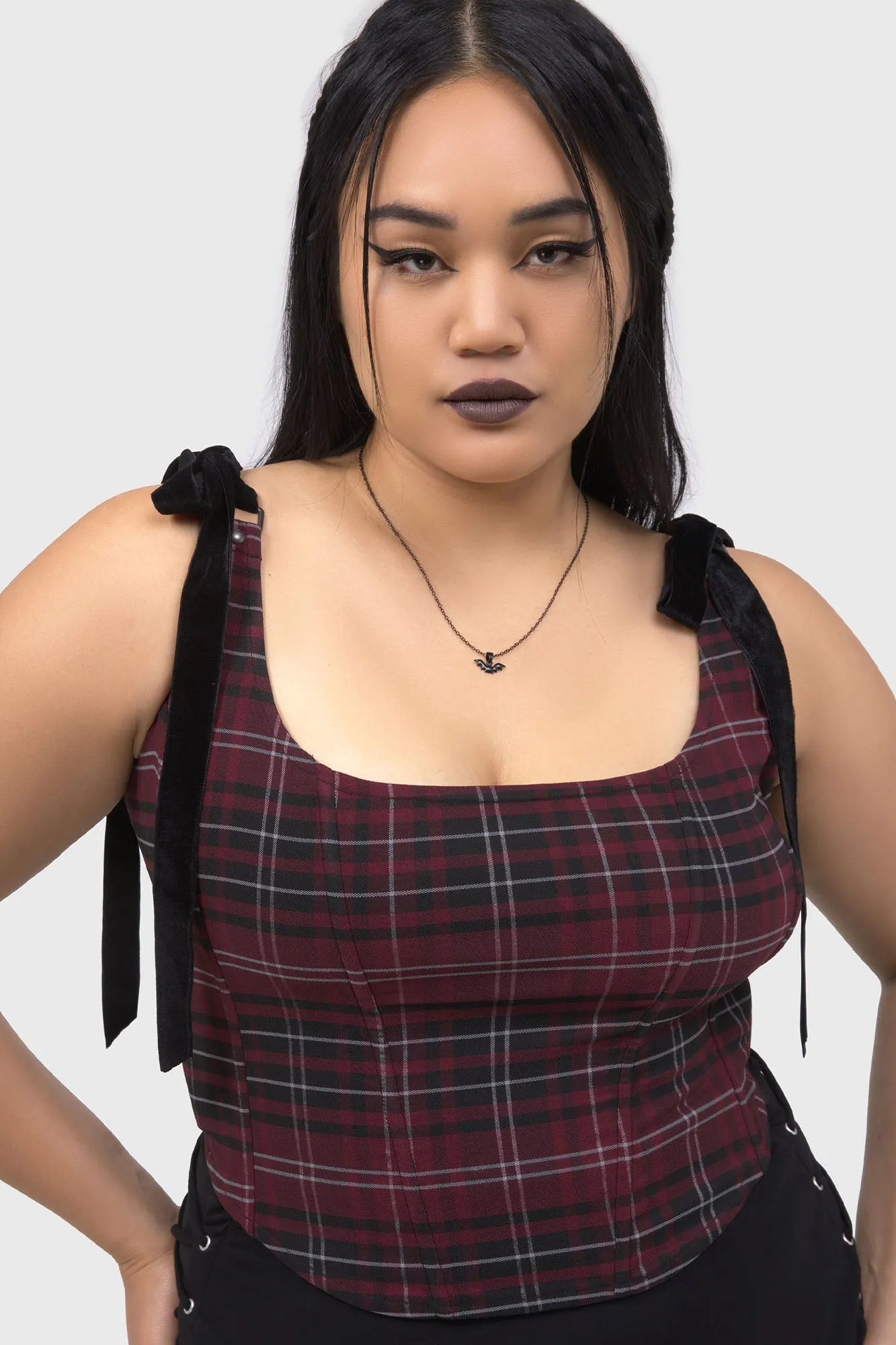 Tartan Flora Corset Top [BURGUNDY] Quick Access Zipper Casual Button-Down