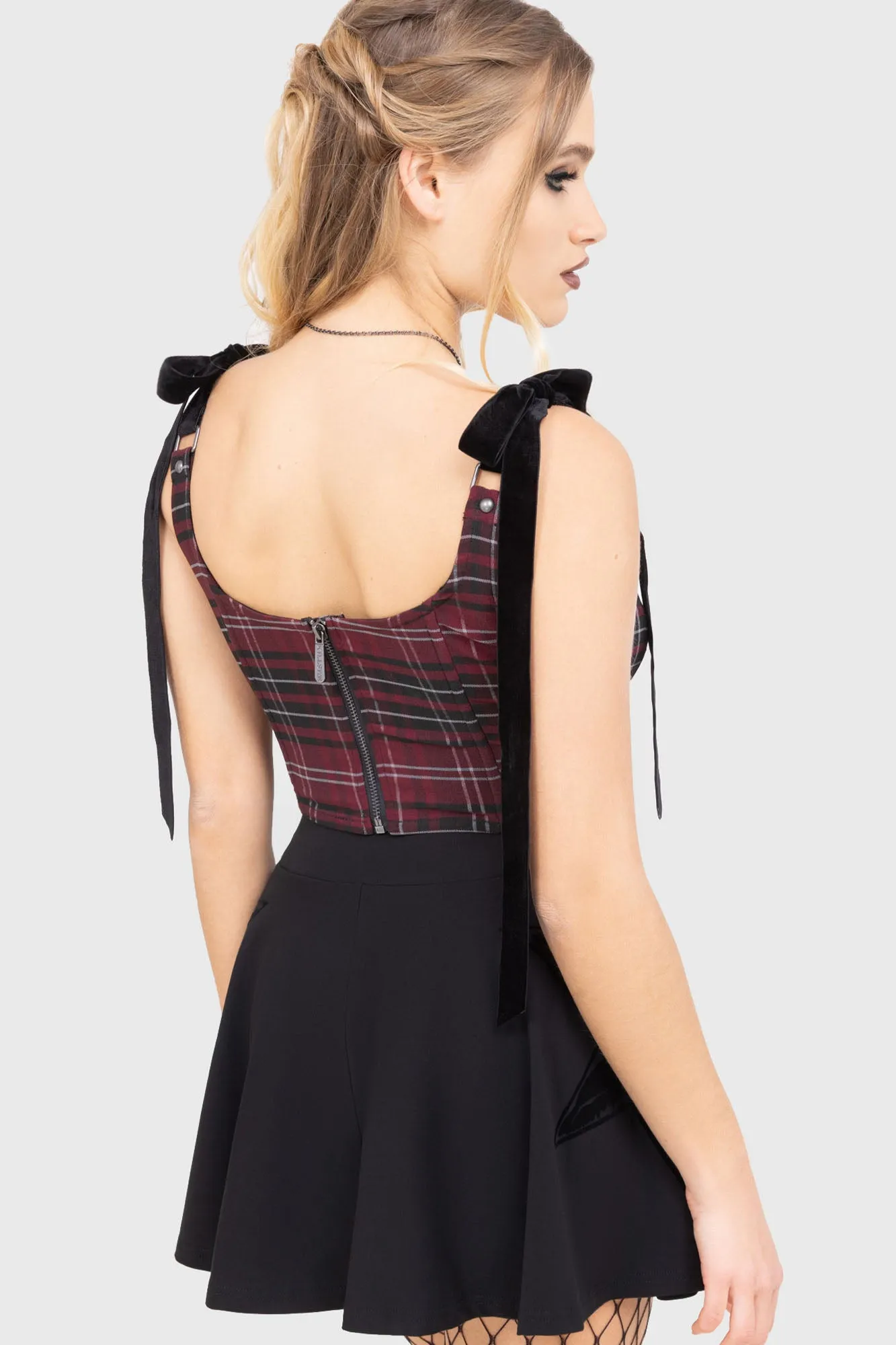 Tartan Flora Corset Top [BURGUNDY] Stretch Weave Construction TwillWeave