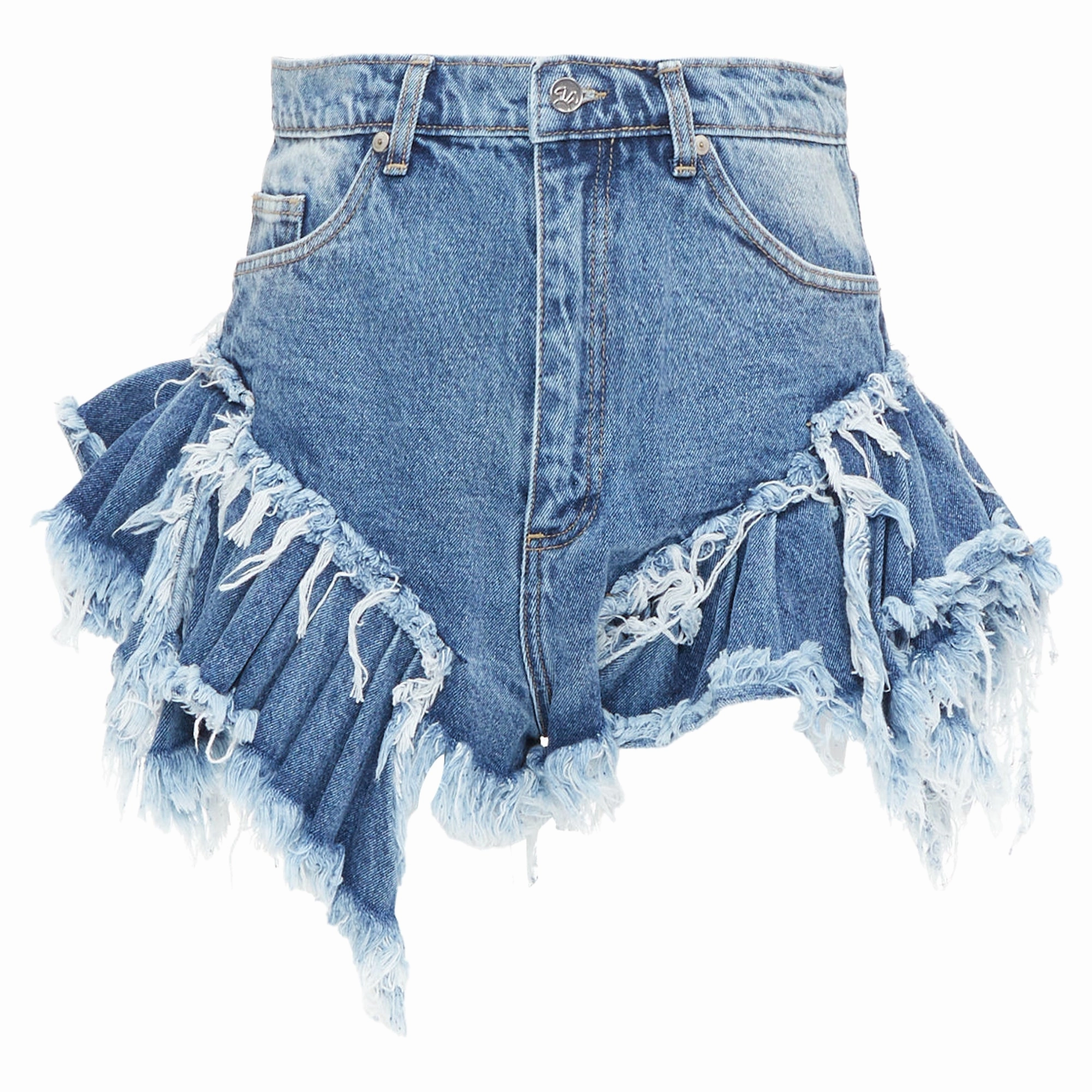 urban scene Timeless Trend NATASHA ZINKO blue washed frayed layered hem mini high waist shorts XS