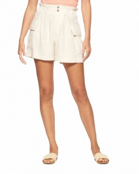 Layered Cuff Design Adjustable Drawcord Sylvania Linen Blend Cargo Short In Cream