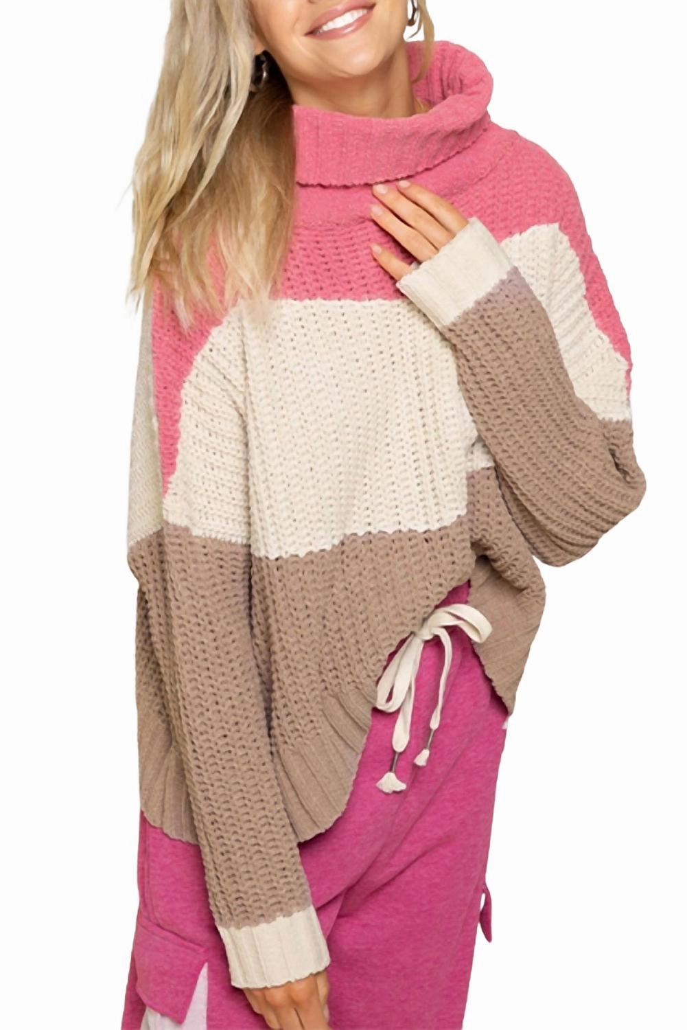 Warm Knit Design Soft and Cozy Knit Textured Colorblock Turtleneck Sweater In Bubblegum Pink Multi