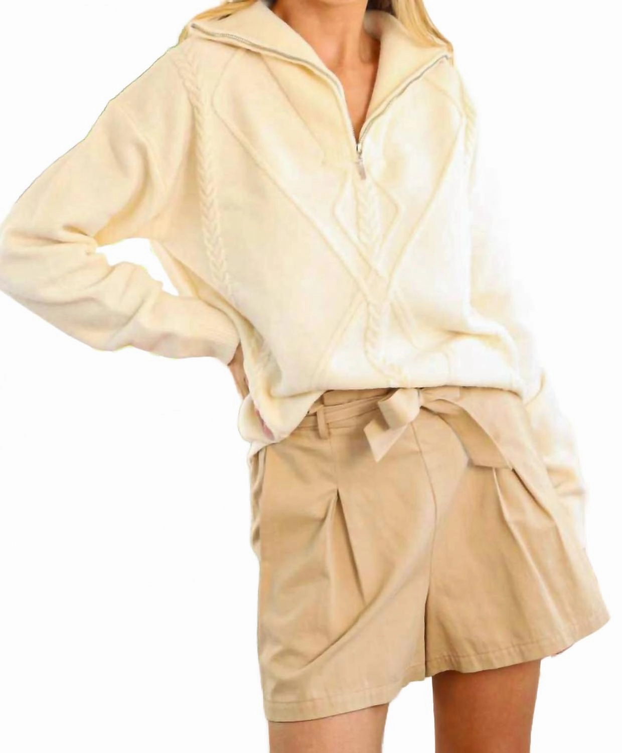 Layering pieces Textured Half Zip Sweater In Cream