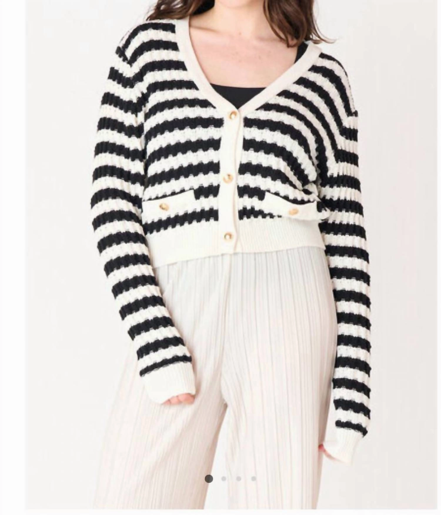 Textured Striped Cardigan In White/black Sleek Wear Soft Warmth