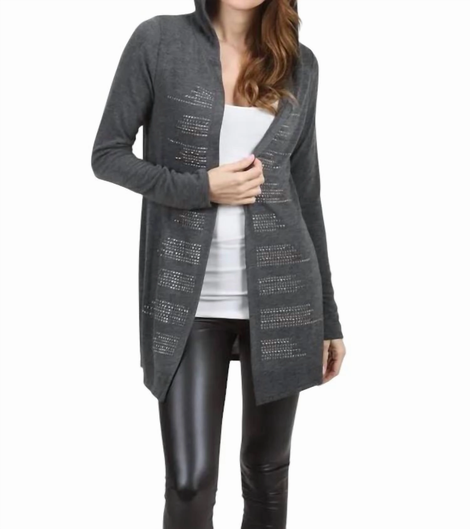 Essential Knit Style Hooded Cardigan With Stud Detail In Charcoal