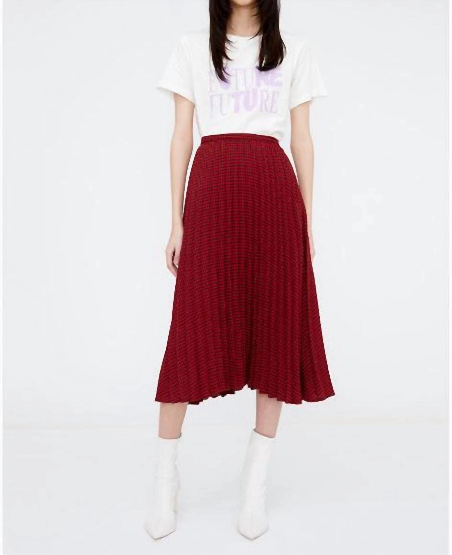 Elvira Pleated Midi Skirt In Red Houndstooth Casual Wear
