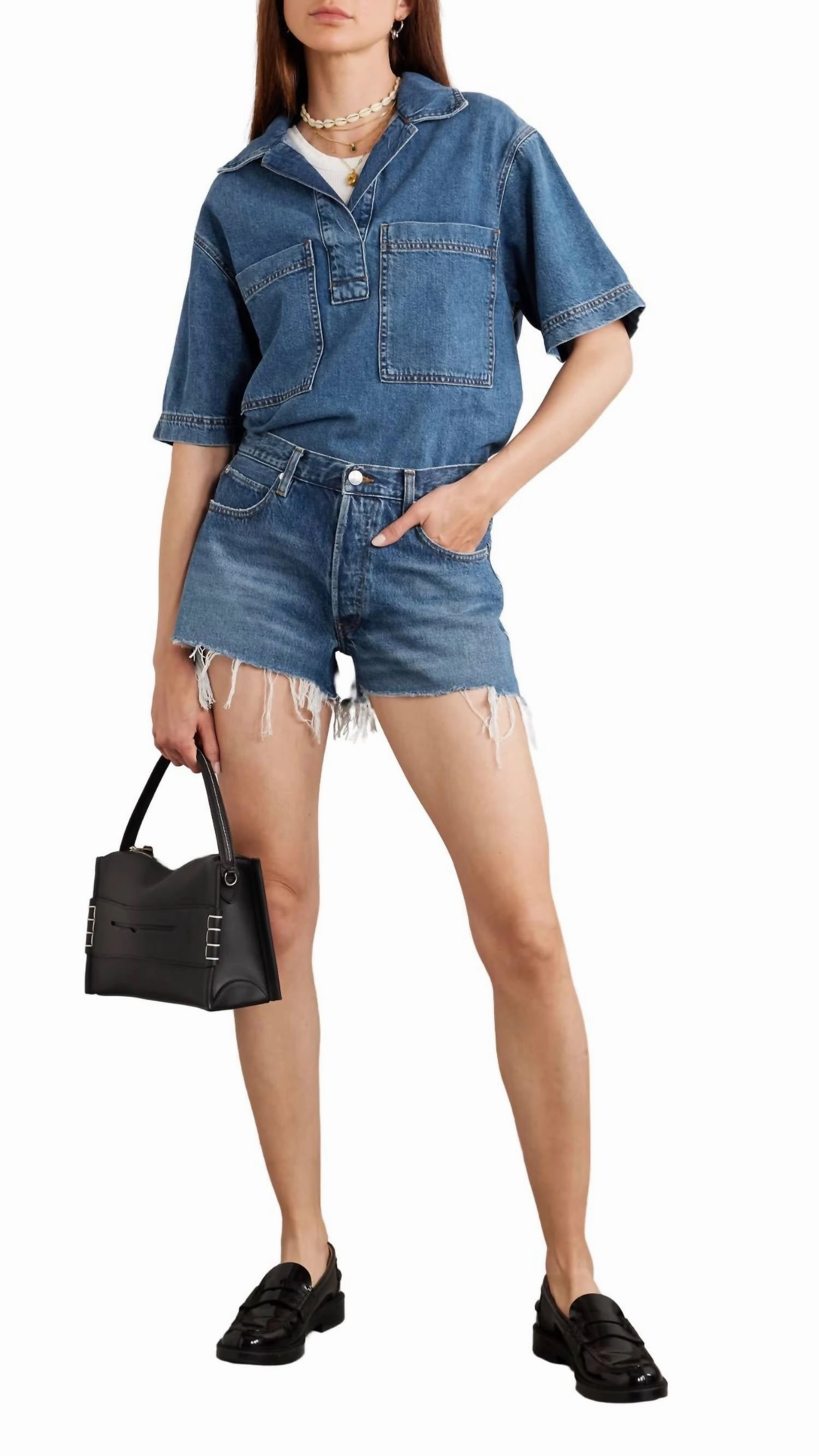 Office Attire The Hang Distressed Denim Shorts In Blue