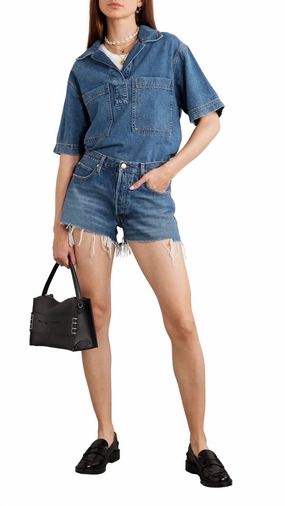 Office Attire The Hang Distressed Denim Shorts In Blue