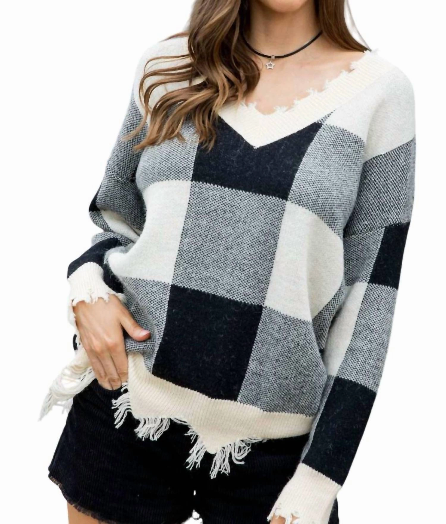 Soft Touch Texture Knit Fashion Plaid Frayed Sweater In Multi