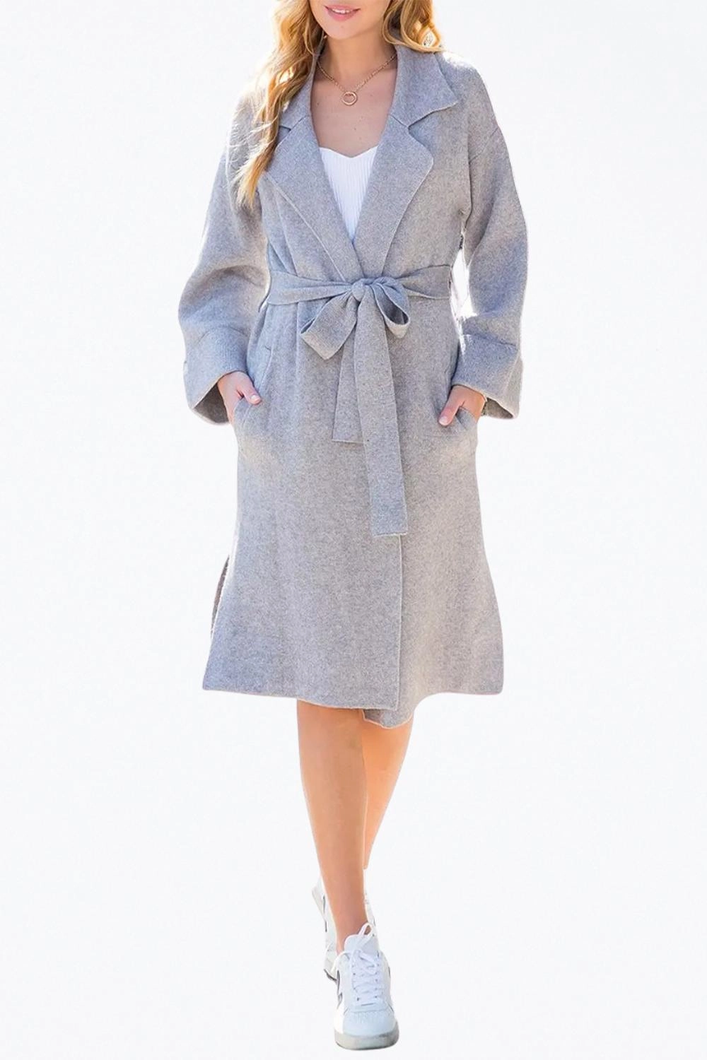 Belted Knit Cardigan In Heather Grey Comfortable Look