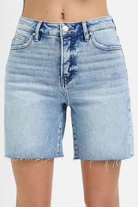 Eco-friendly Unique Pattern Curvy Tummy Control High Rise Mid Length Raw Cut Hem Shorts In Blue