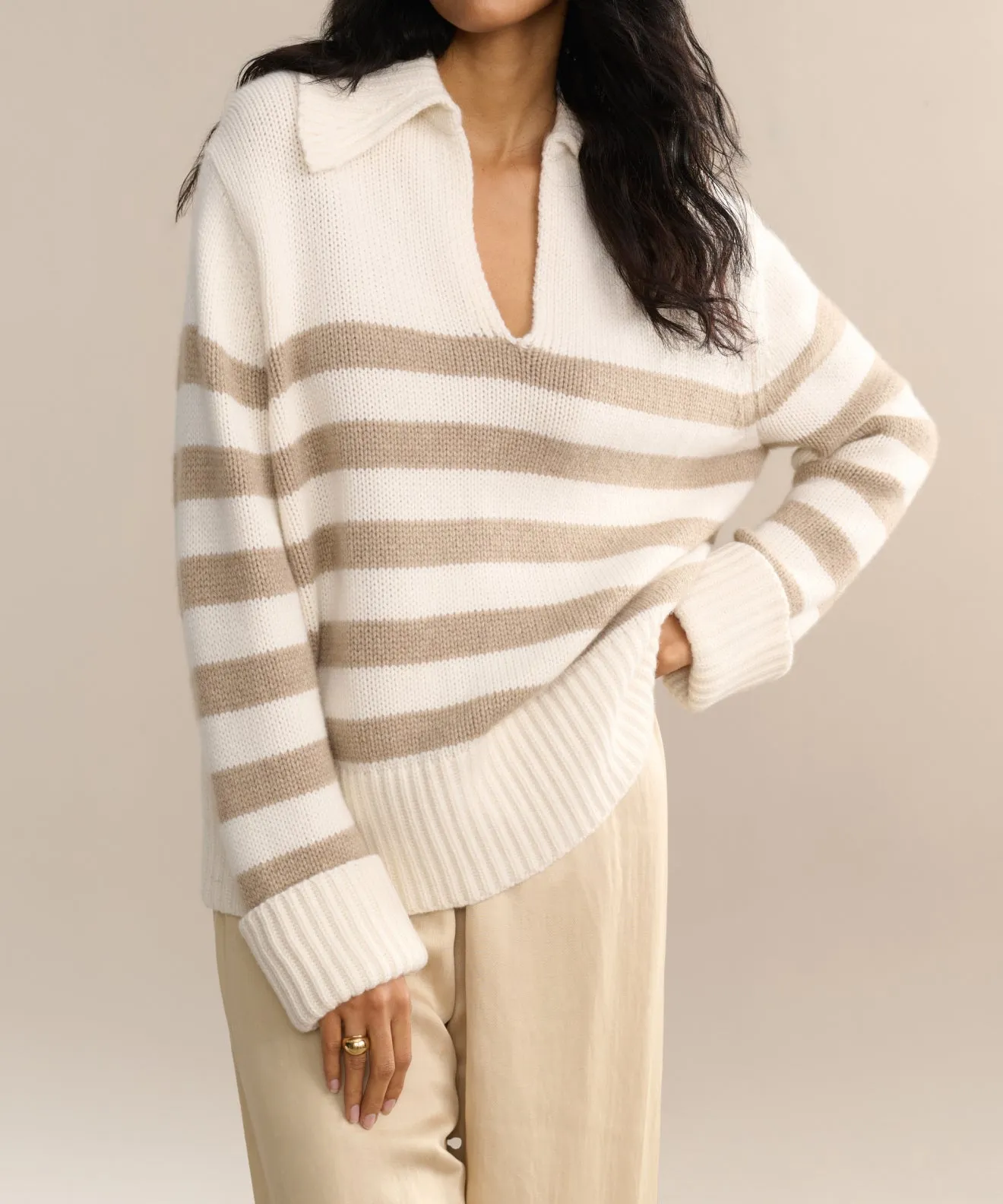 Compression Knit Support Ribbed Detailing Cashmere Phoebe Polo
