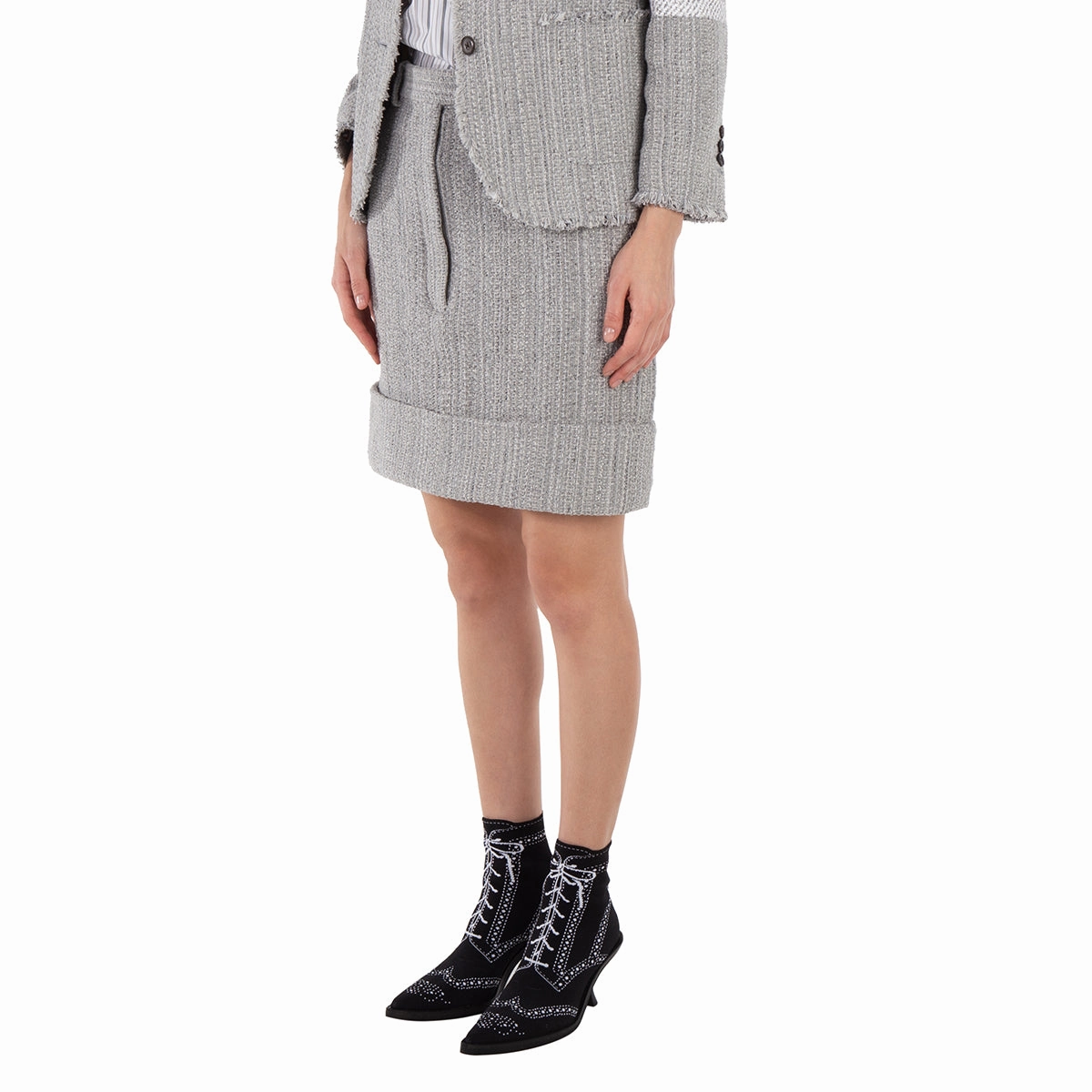 Sleek Detail Thom Browne High-Waist Tweed Fray Mini Skirt