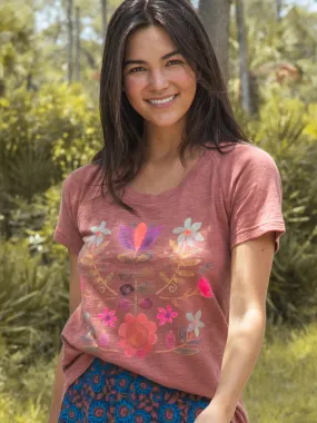 Boho Cotton Tee Shirt - Rust Folk Flower semi-formal style