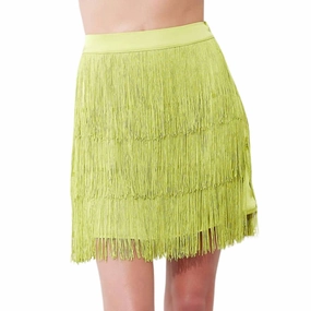 Tiered Fringe Satin Mini Skirt In Lime Light Trendy Mood