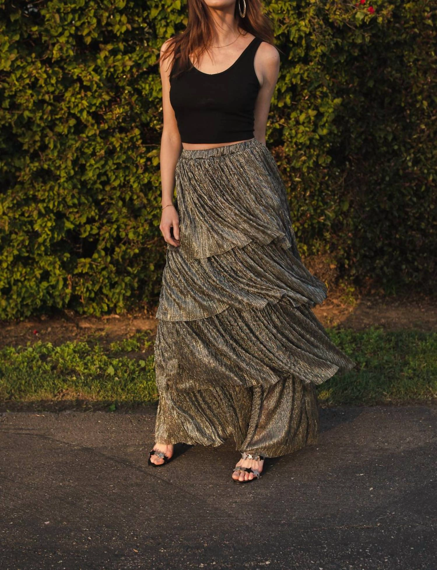 Tiered Maxi Skirt In Pewter Tea length Lightweight Lining