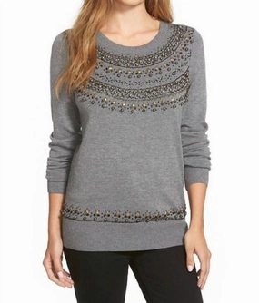 Layered Knit Abrasion Resistant Seams Tight Knit Embellsihed Studded Beaded Sweater In Gray