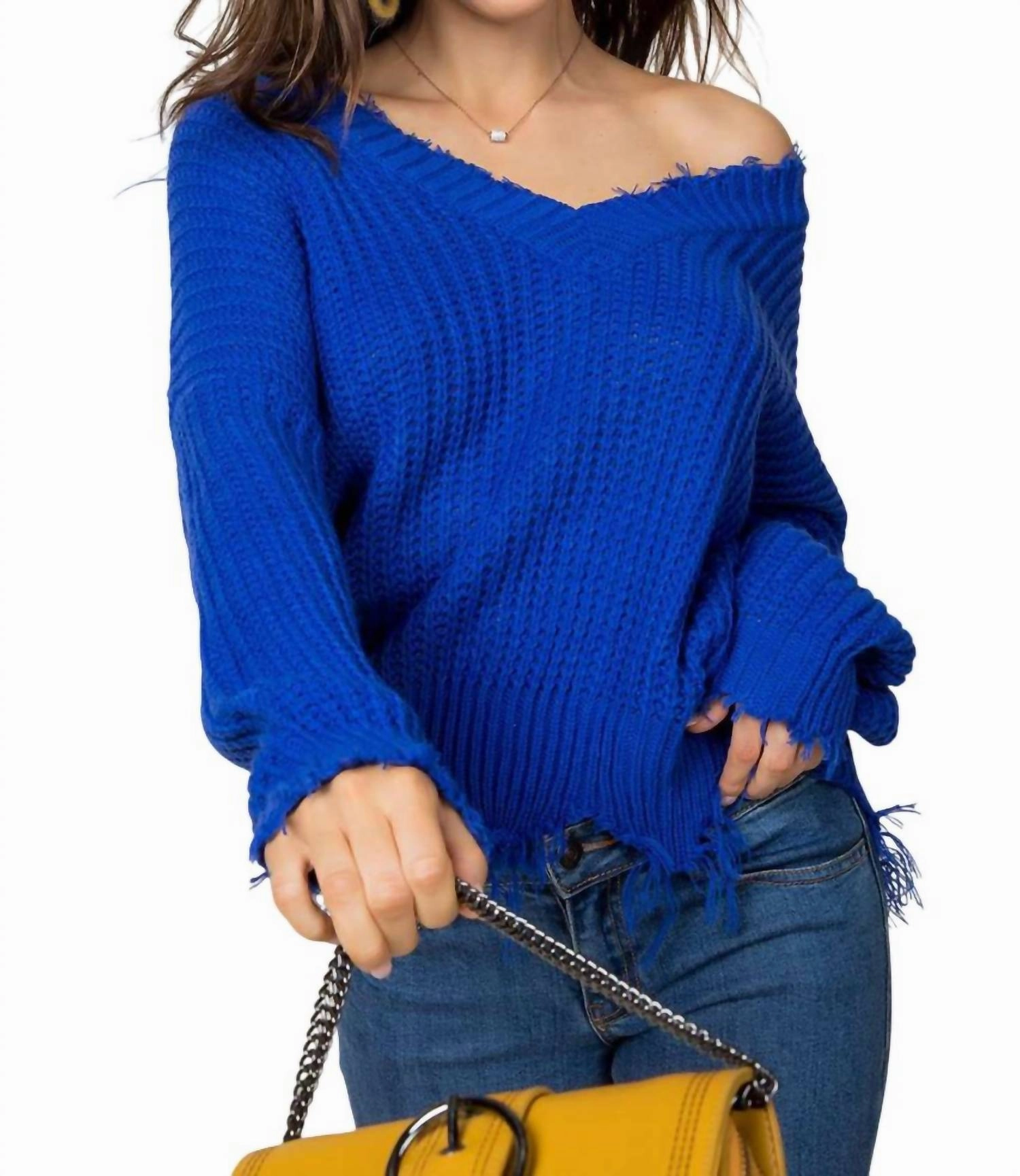 Comfortable Layer Frayed Zig Zag Sweater In Royal