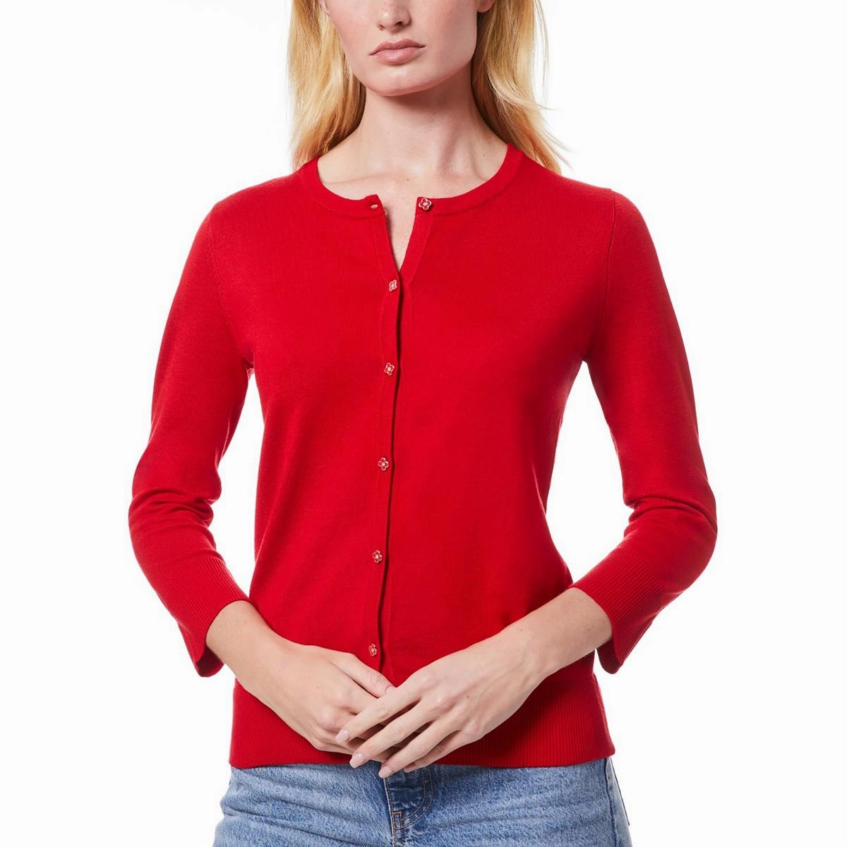 Womens Button Knit Cardigan Sweater Cold-Weather Ready Bias Cut Hem Details