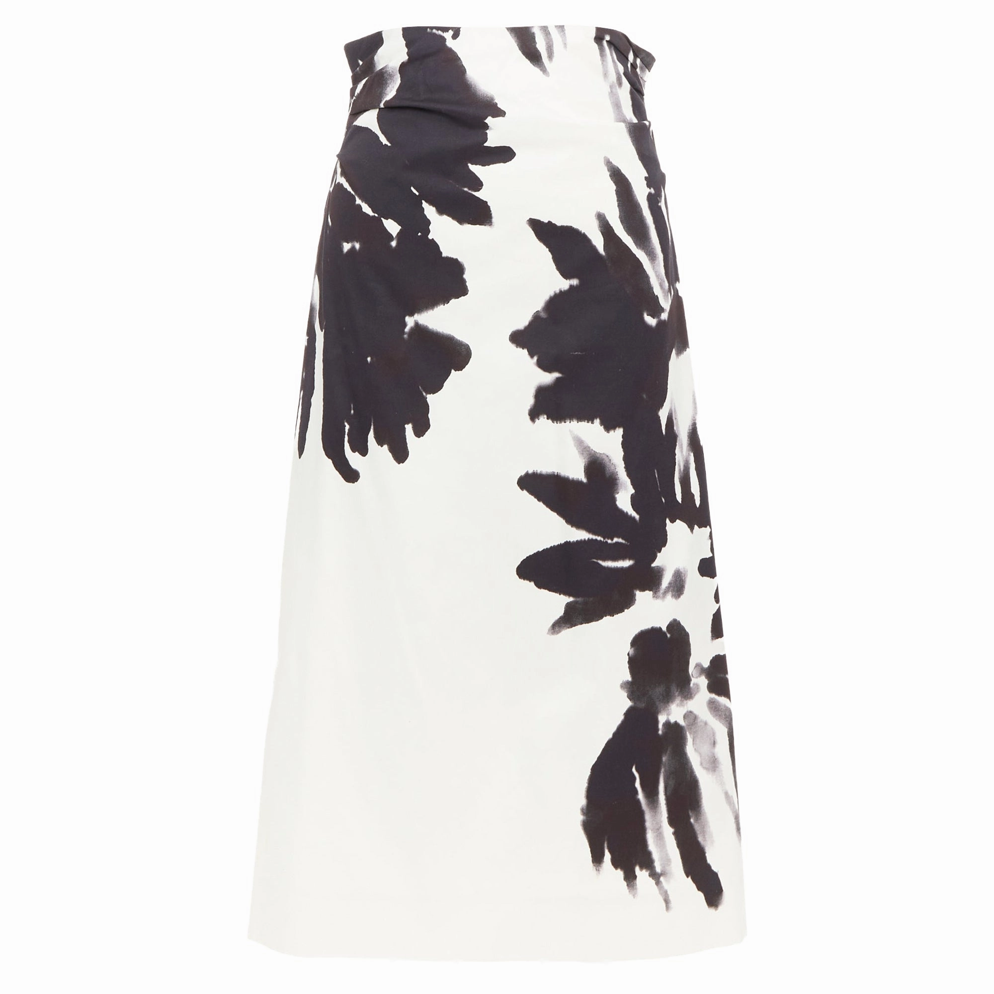 DRIES VAN NOTEN black white cotton watercolor floral print midi skirt FR38 M Water Repellent Finish Style Essential
