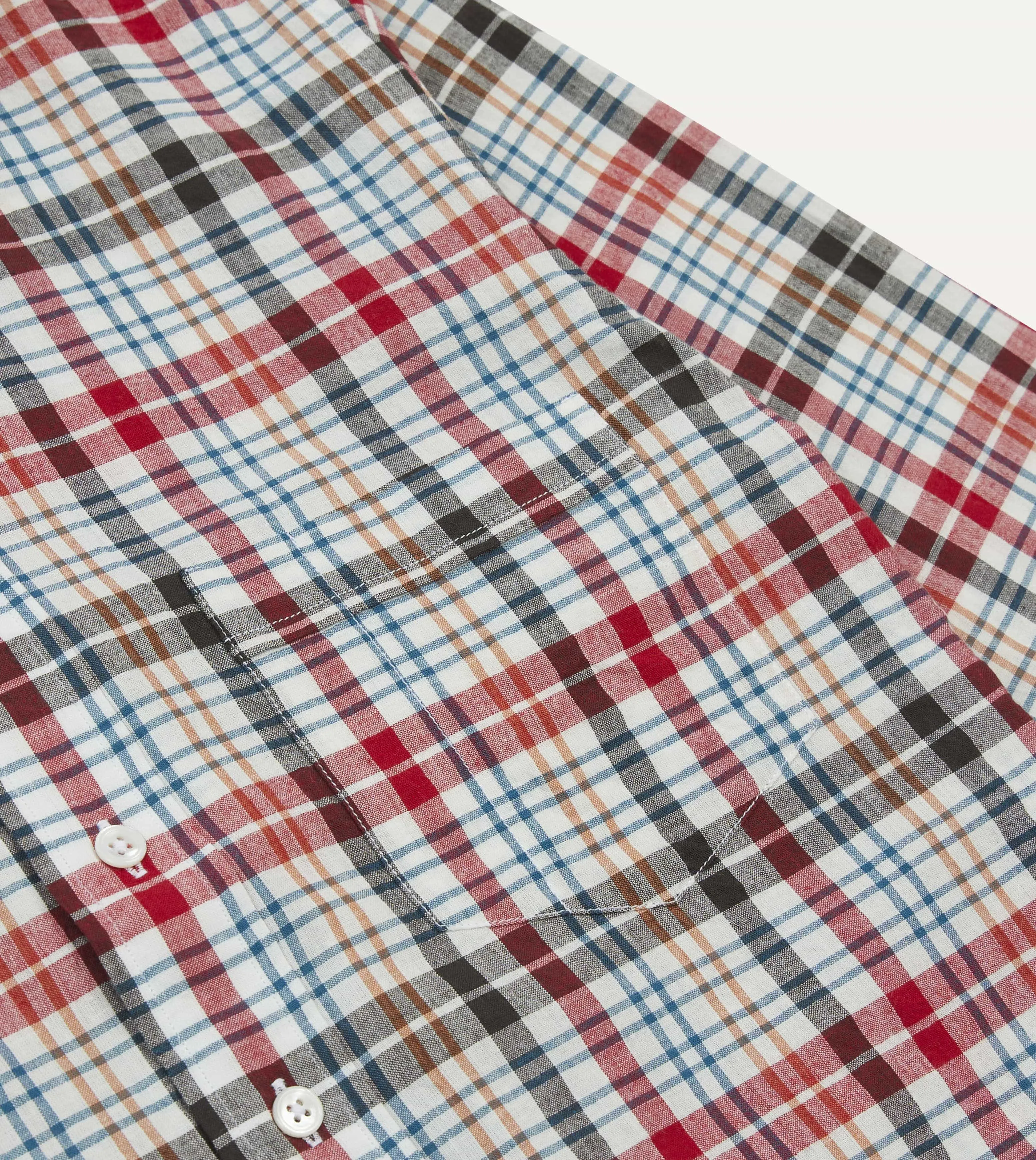 Red and Black Madras Check Cotton Button-Down Shirt Layered Look Breathable Lining