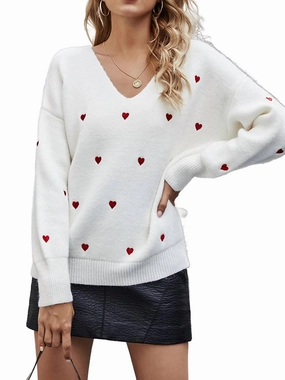 Cozy Fit Wear Layering Piece Heart V-Neck Long Sleeve Sweater In White