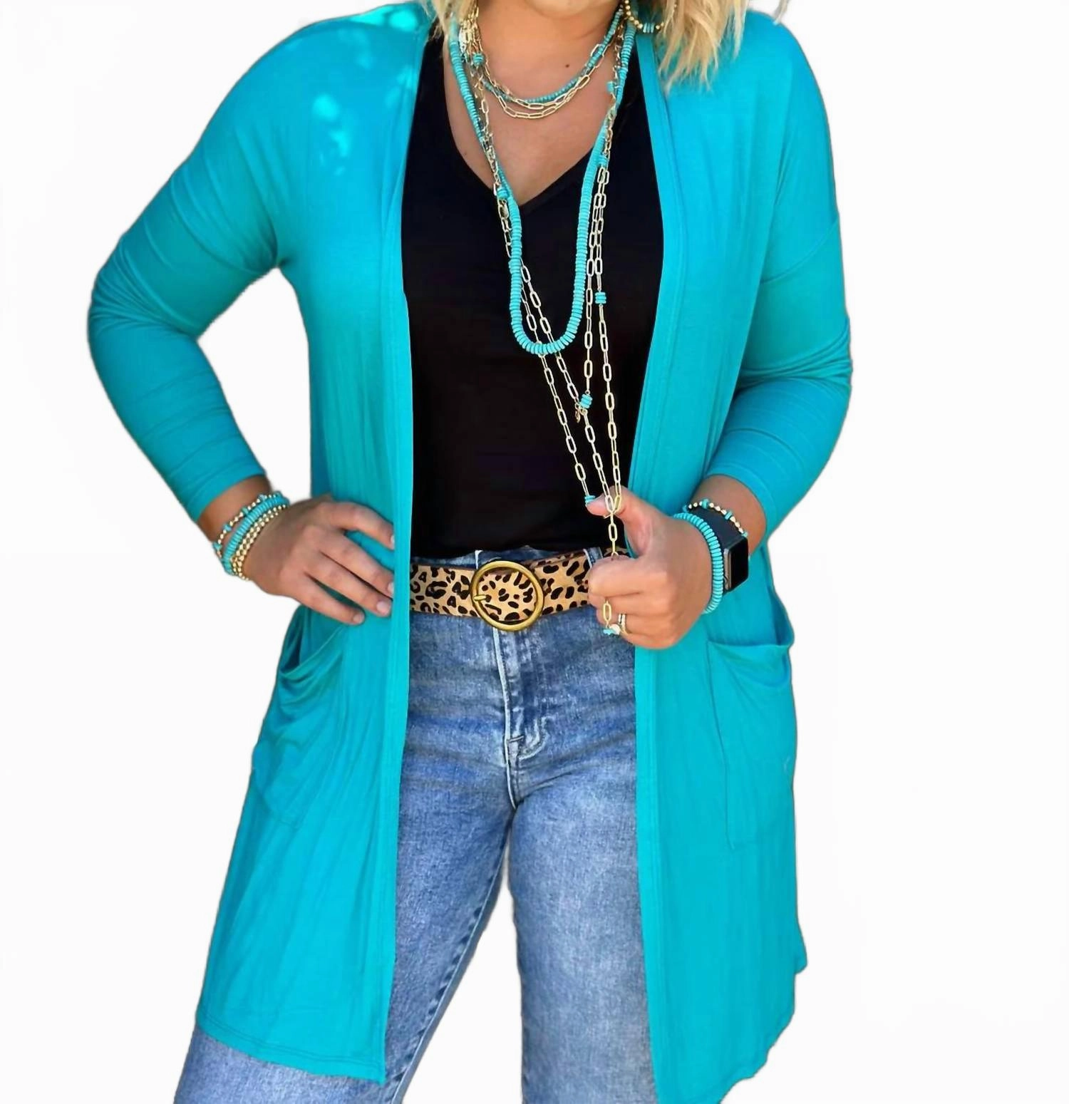 Recycled Yarn Ribbed Hem Cardigan In Turquoise