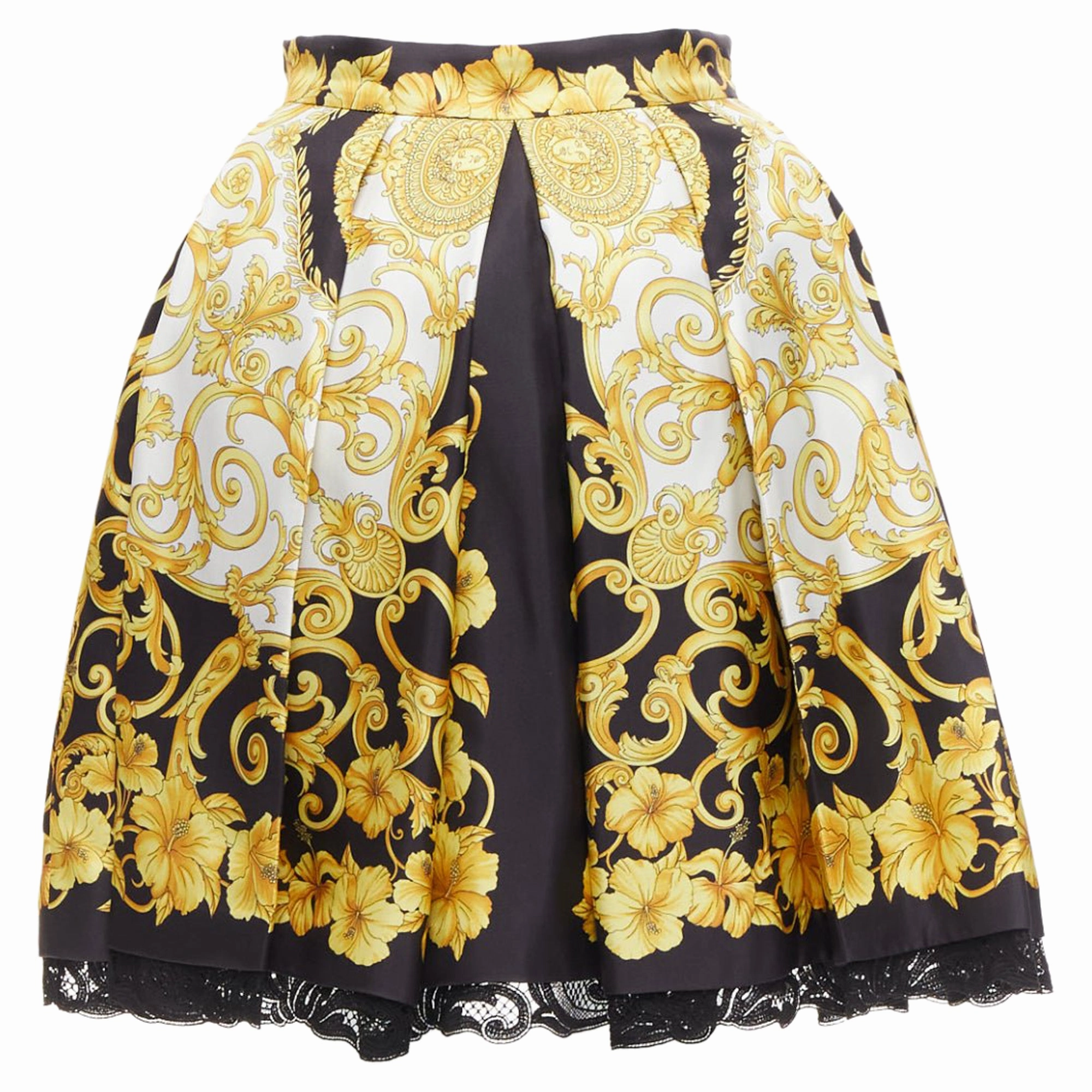 Reinforced Hemline Elegant Look Versace silk Barocco Hibiscus print lace trimmed skirt