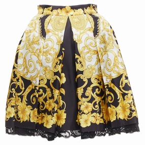 Reinforced Hemline Elegant Look Versace silk Barocco Hibiscus print lace trimmed skirt