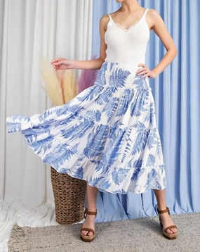 Airy Feel Slim Fit Band Tropical Print Tiered Maxi Skirt In Blue