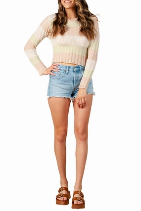 Temperature Regulating Fabric Cozy Design Tulip Lghtweight Open-Knit Striped Sweater In Green Stripe