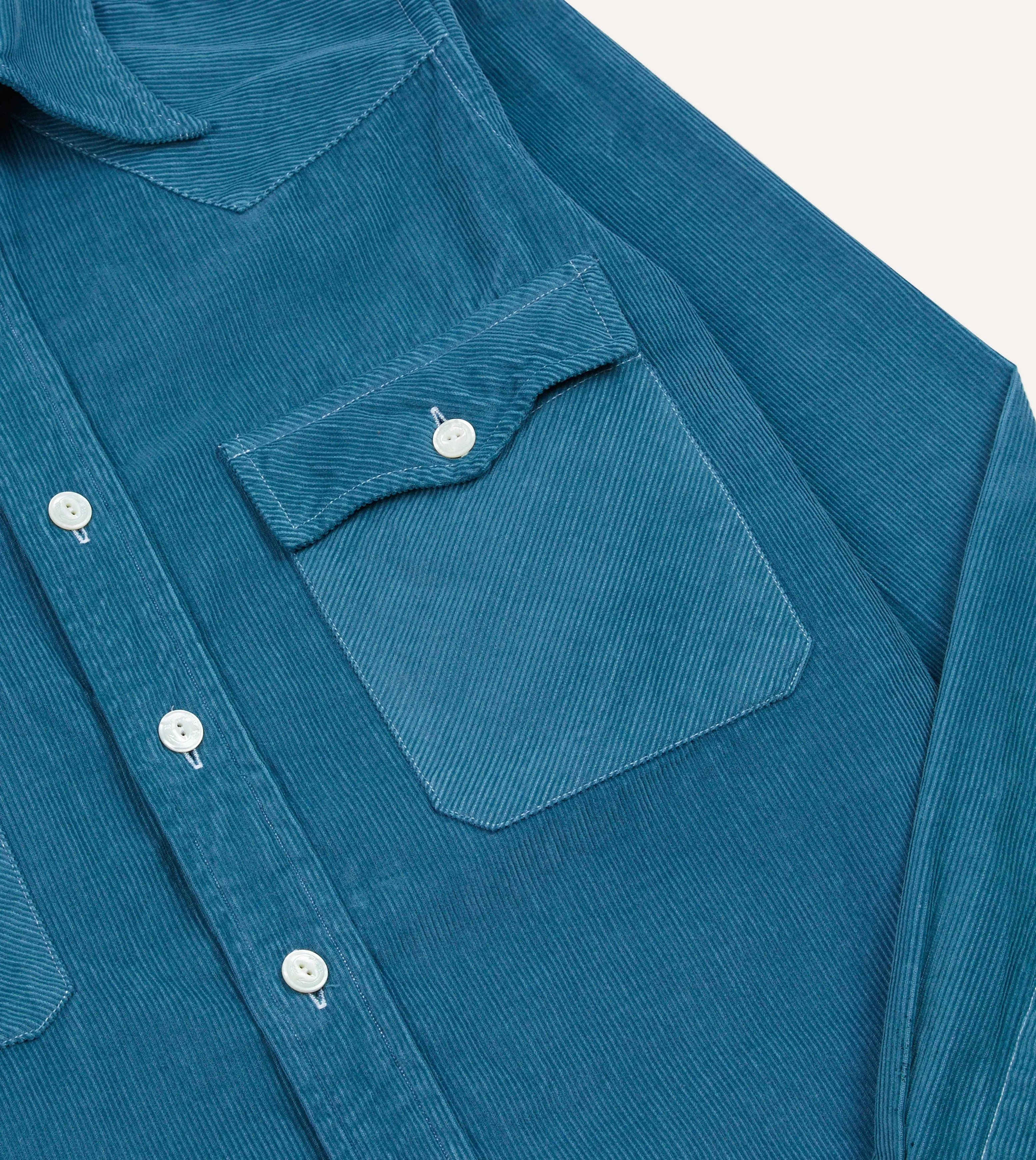 Turquoise Corduroy Two-Pocket Western Shirt Sustainable Material Sweat-Absorbing