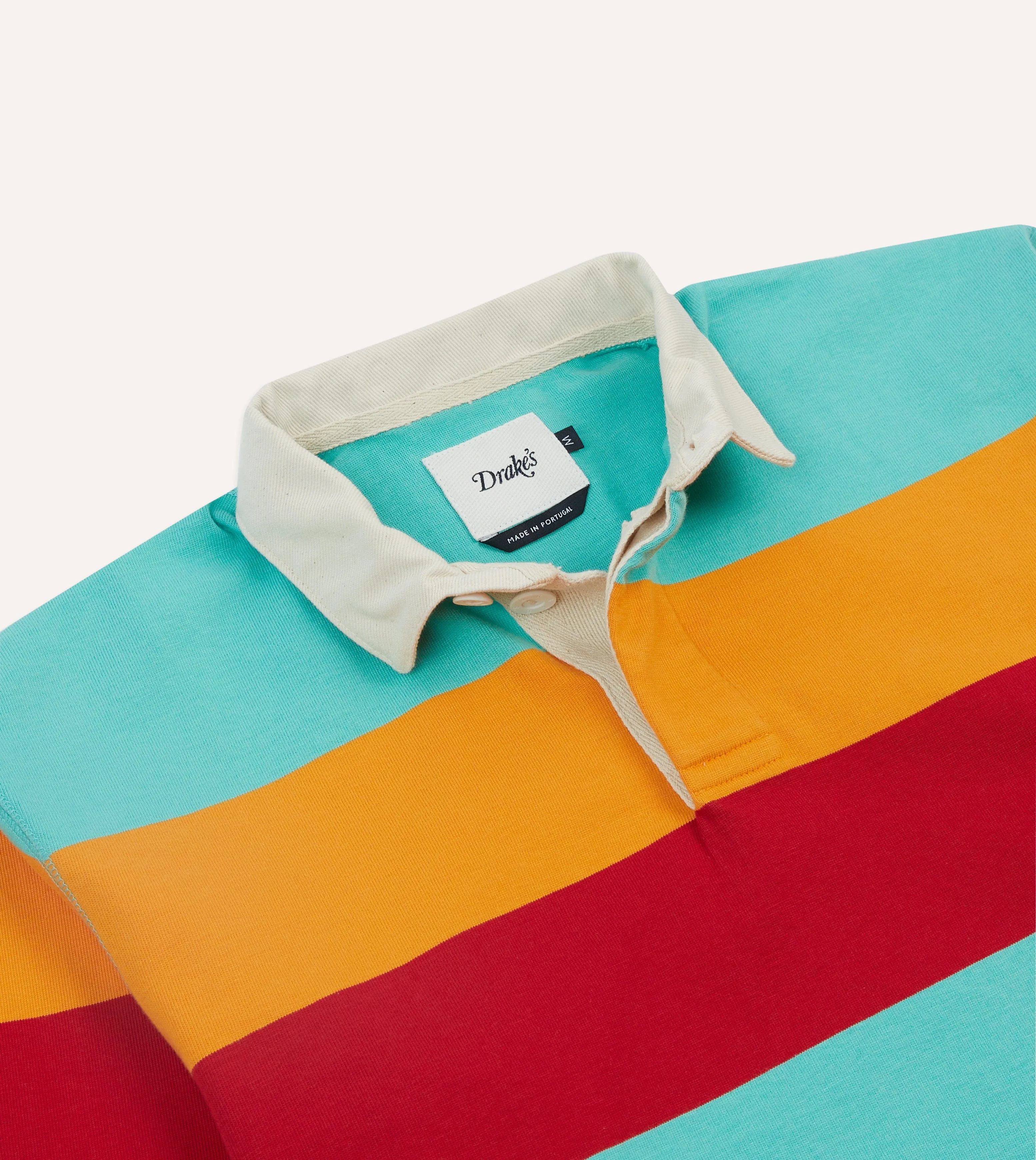 Edgy Design Flexible Placket Structure Turquoise, Yellow, Blue and Red Multi Stripe Cotton Rugby Shirt