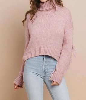 Turtleneck Fringe Sweater In Lavender Winter Knit Layer
