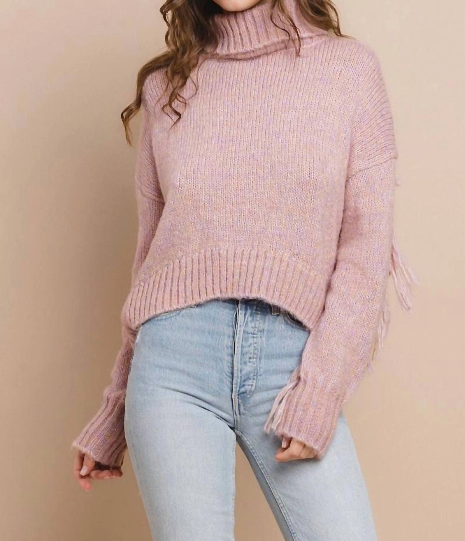 Turtleneck Fringe Sweater In Lavender Winter Knit Layer