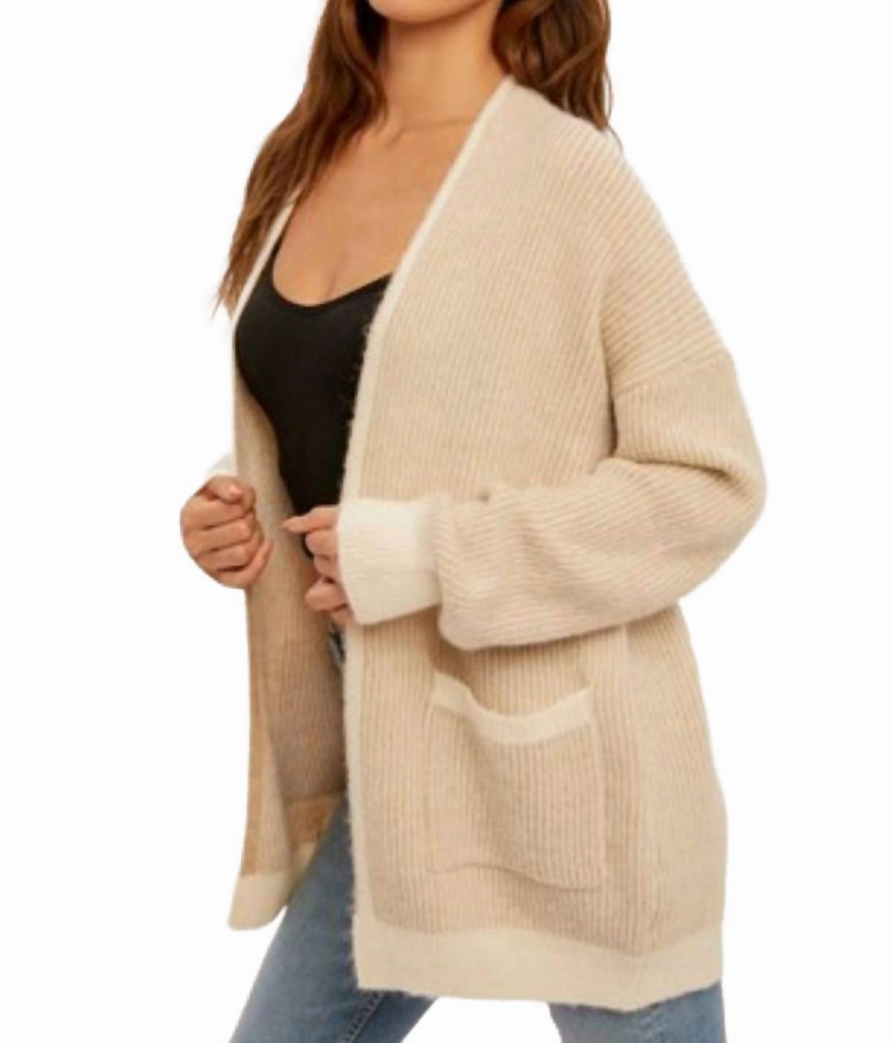 Two Tone Stripe Open Midi Cardigan In Natural/white Knit Comfort