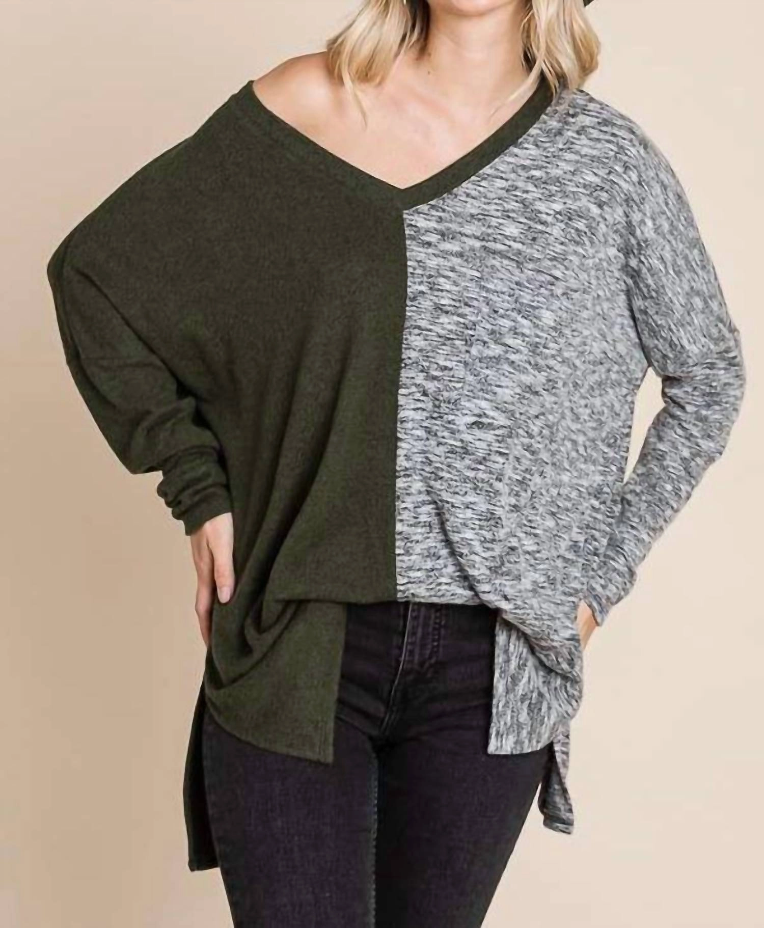 Snuggly Knit Compression Fit Technology Two Tone Sweater In New Olive Combo