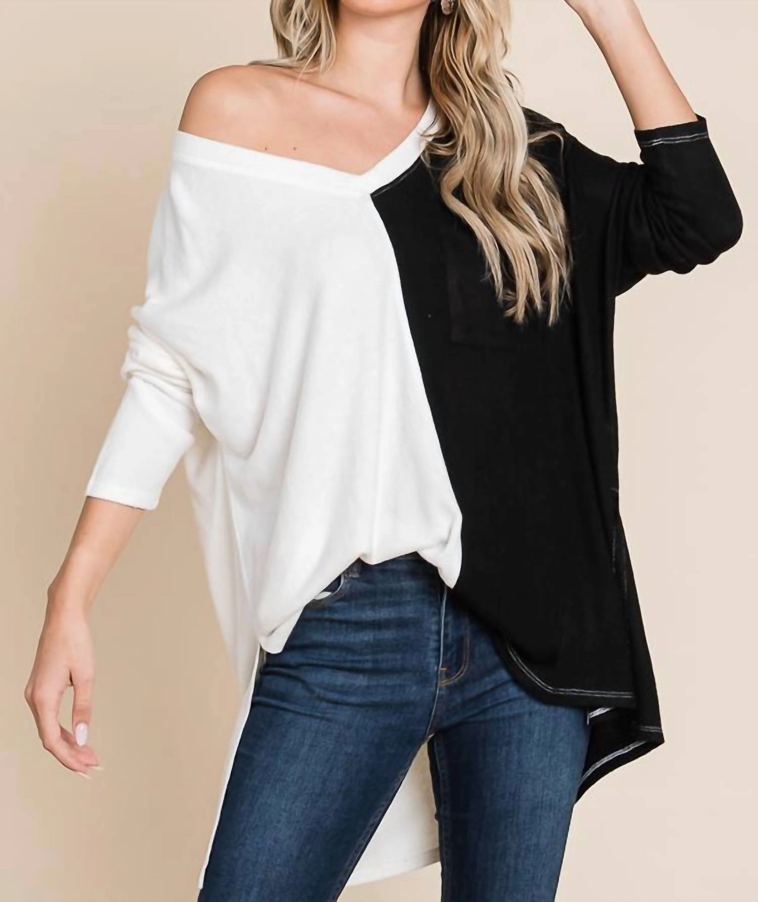 Two Tone Sweater In Soft White Combo Versatile Layer Casual Chic Knit