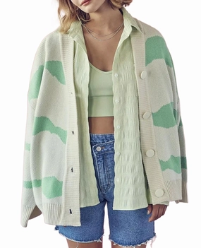 Comfy Look Fashion Ready Two-Tone Wavy Stripe Knit Cardigan In Green