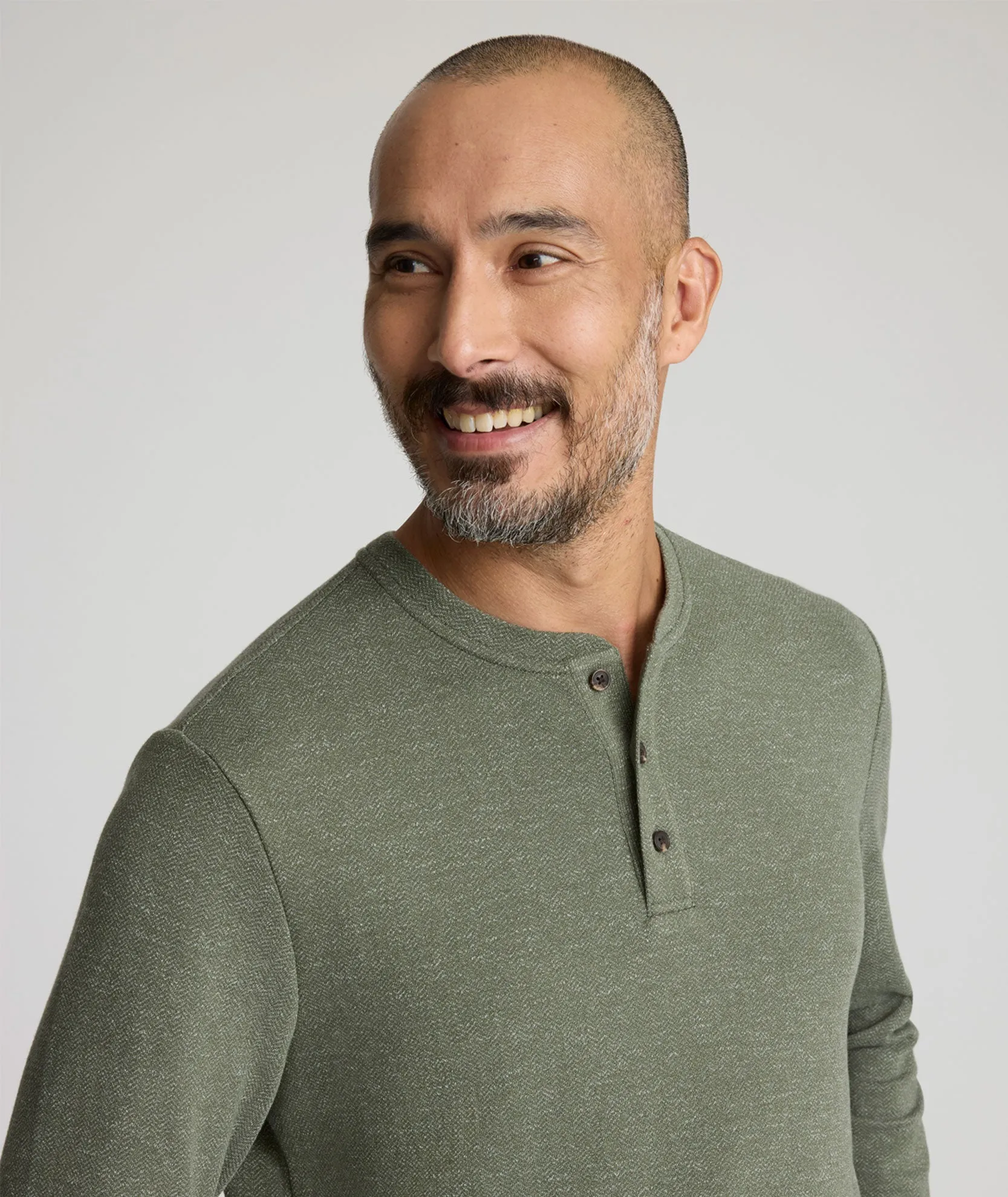 Stretch Cotton Herringbone Henley Basic Wardrobe Piece Relaxed Fit