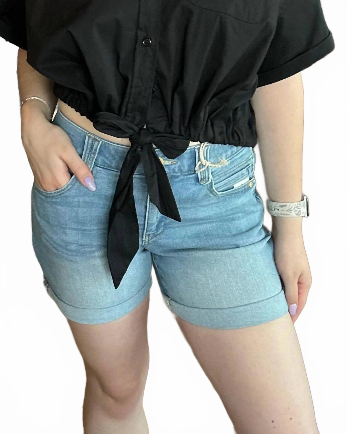 Mid-Rise Slimming Shorts In Blue Ergonomic Panel Design Fun Prints