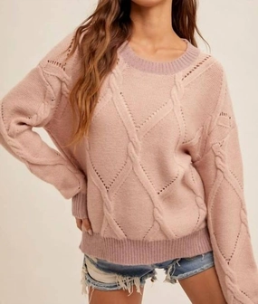 Quick Dry Weave Round Neck Cable Knit Detail Sweater In Mauve