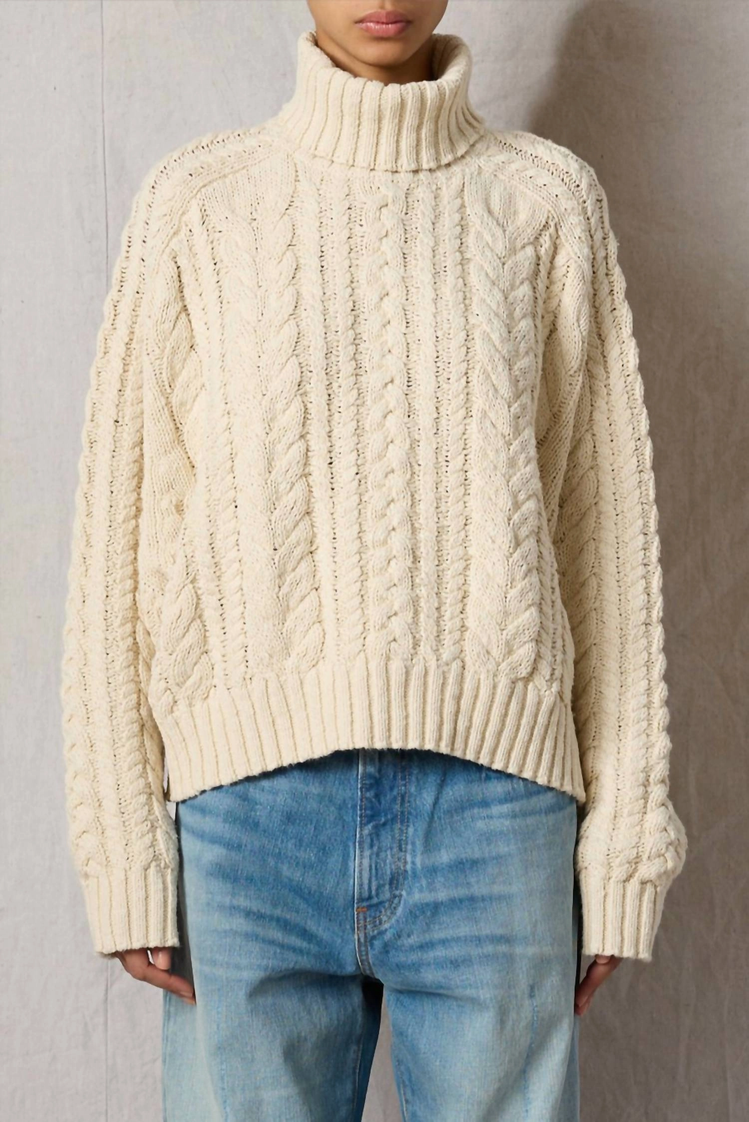 UV Protective Coating Turtleneck Cable Knit Sweater In Ivory