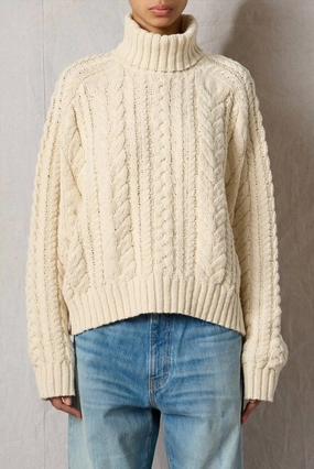 UV Protective Coating Turtleneck Cable Knit Sweater In Ivory