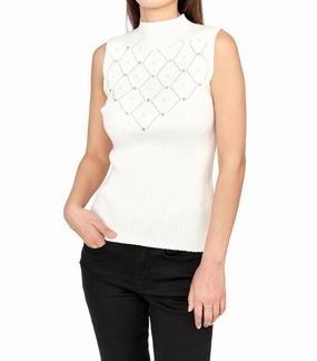 Moisture wicking Sleeveless Mock Neck Knit Top In Off White