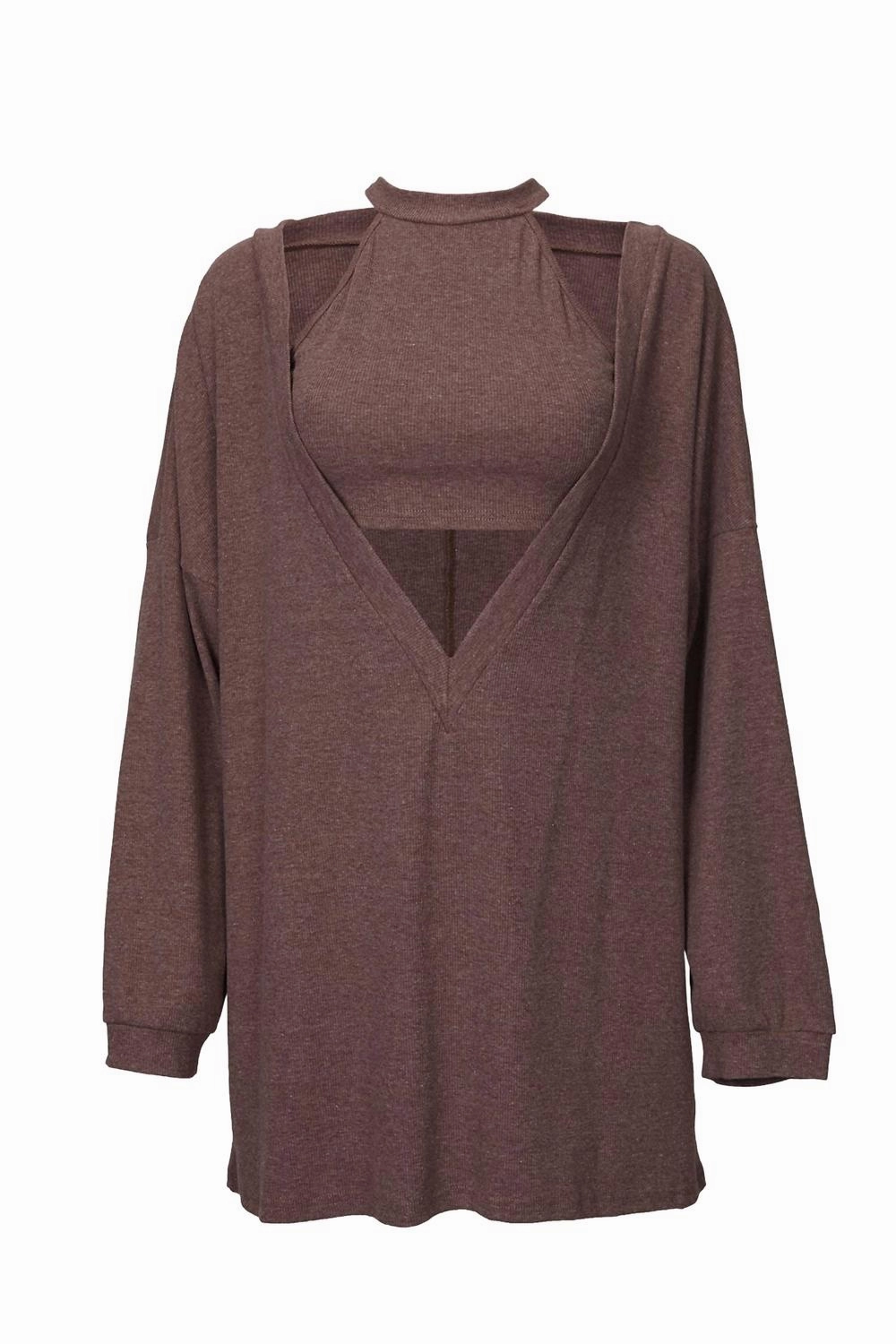 Cropped Tank And Pullover Two-Piece Set In Brown Trendy Knitwear Soft Material
