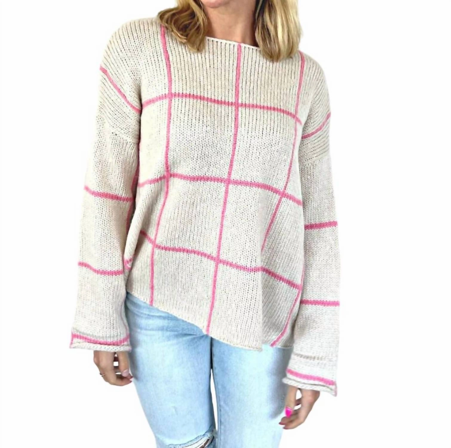 Window Pane Sweater In Pink/cream Eco Friendly Knitwear Comfort Piece