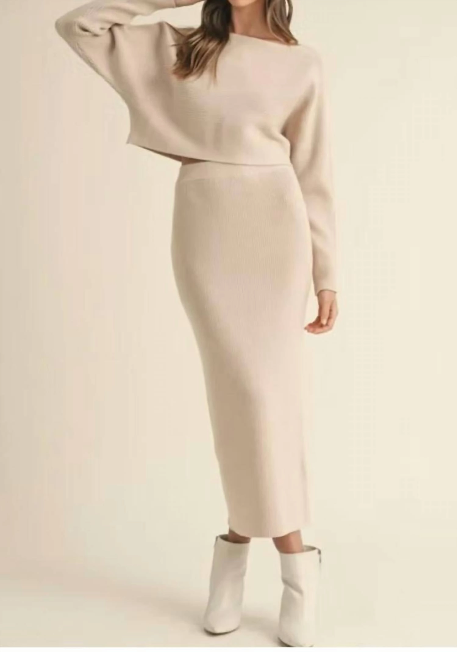 Street Look Crop Knit Top And Midi Skirt Set In Light Taupe